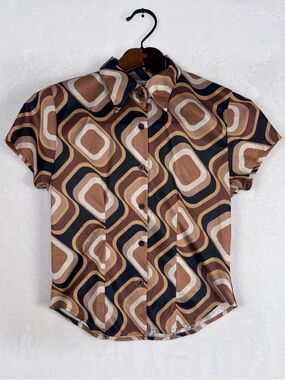 Vintage Y2K In Charge Geometric Mod Blouse Brown Retro Print Small